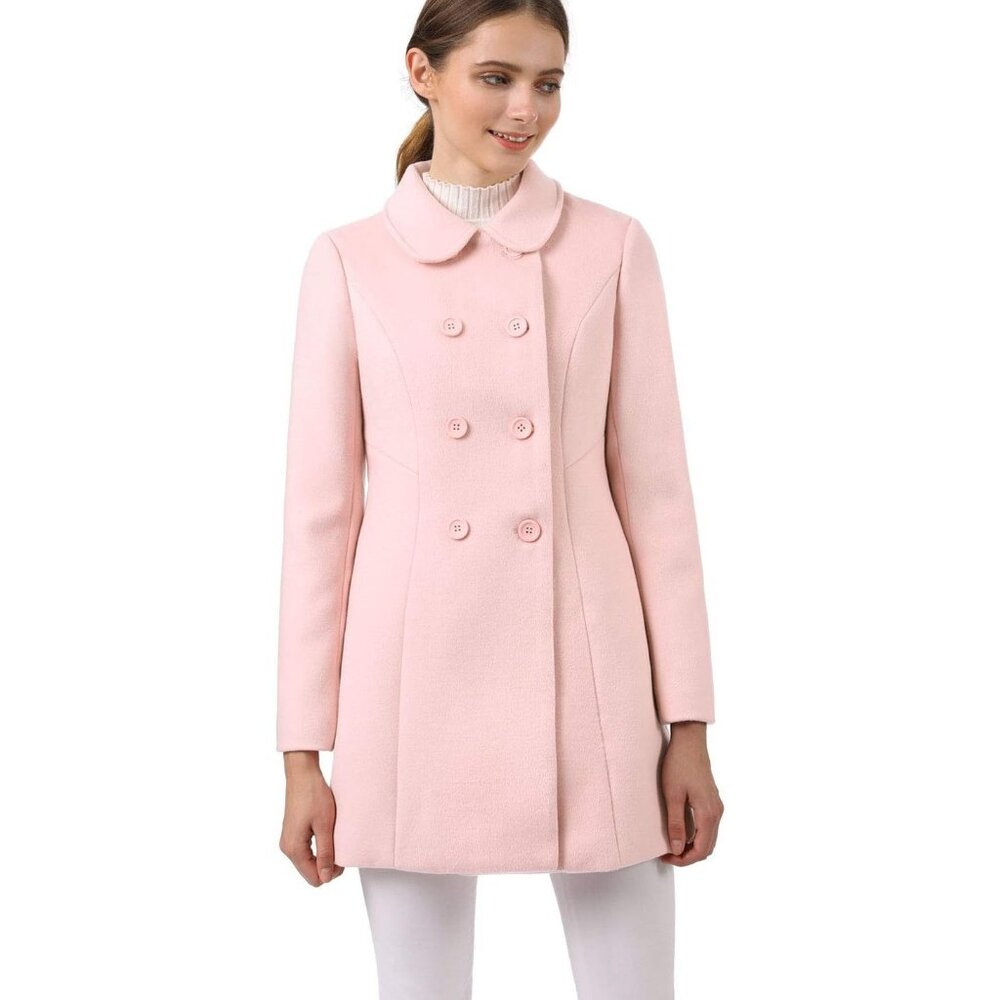 ✨Women's Pink Peter Pan Collar Double Breasted Winter Long Trench Pea Coats